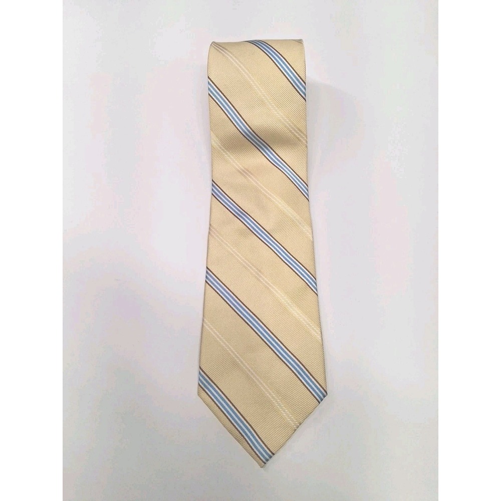 Jos A Bank Tie Gold Blue Stripe 100% Silk 58" x 3-1/2" Classic Look